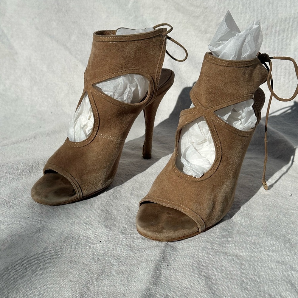 Aquazzura Tan Peep-Toe Heels with Lace-Up Detail